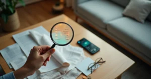 Mão segurando lupa revelando pequenas despesas escondidas em comprovantes e apps de banco