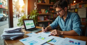 Dono de microempresa organizando finanças com gráficos e anotações em mesa de trabalho