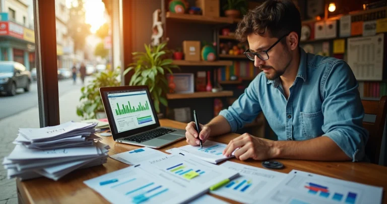 Dono de microempresa organizando finanças com gráficos e anotações em mesa de trabalho