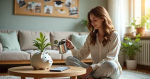 Mulher jovem regando vaso em formato de cofrinho com notas crescendo como folhas